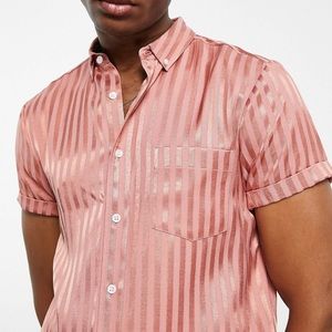 Regular Revere Satin Shirt w/ Jacquard Strip Print in Pink